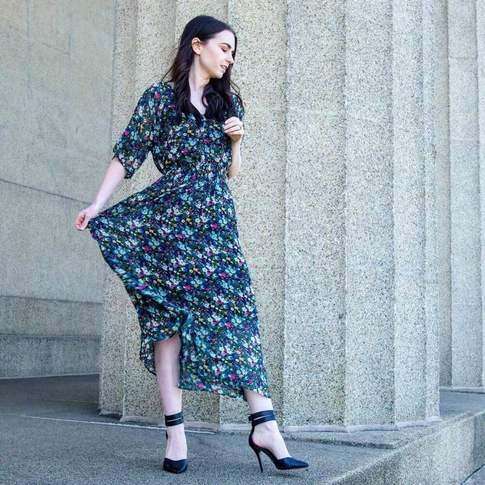 CAbi Green Fiesta V Neck Floral Midi Dress